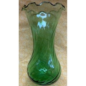 Vintage Green Swirl Glass Flower Vase Fluted Rim